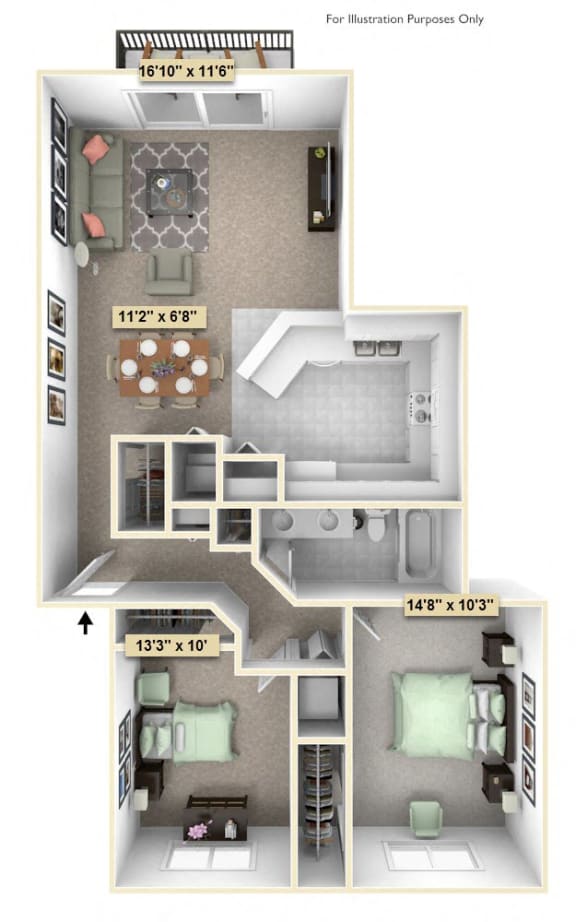 Two Bedroom Juniper Floor Plan at Thornridge Apartments, Grand Blanc