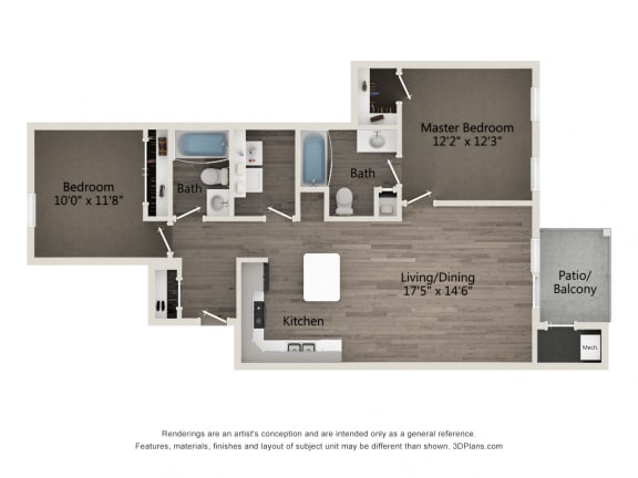 Luxury 2 BR 2 BA Floor Plan at Emerald Creek Apartments, SC 29607