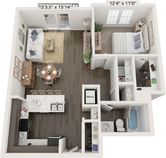 One Bedroom Reed floor plan at Meadowbrooke Apartment Homes in Grand Rapids, MI 49512