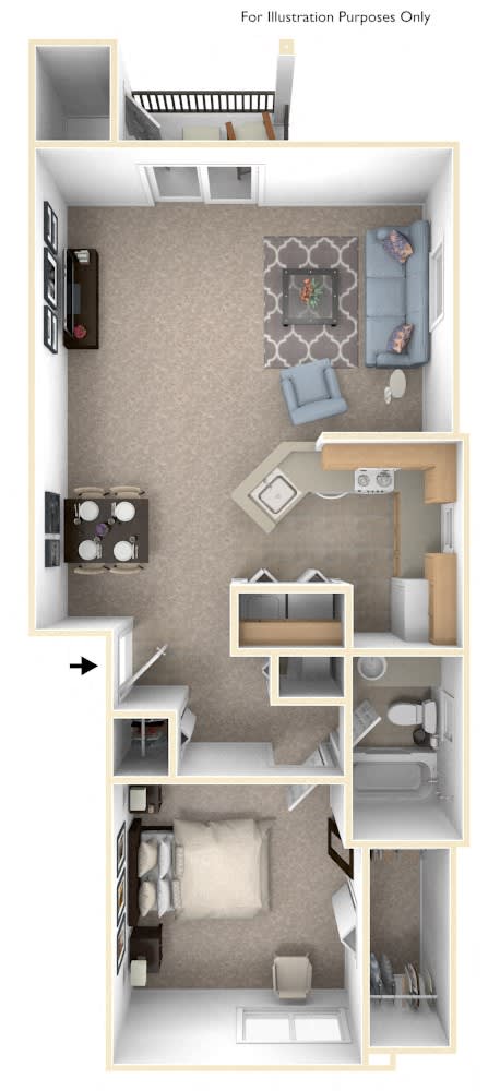 One Bedroom One Bath End Floorplan at Hunters Pond Apartment Homes, Champaign, Illinois