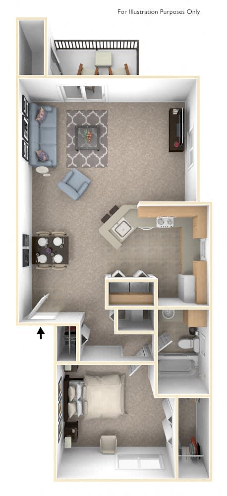 One Bedroom One Bath Floor Plan at Canal Club Apartments, Lansing