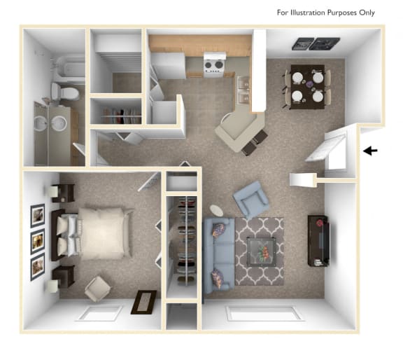 One Bedroom Madrid Floor Plan at Trappers Cove Apartments, Lansing, 48910