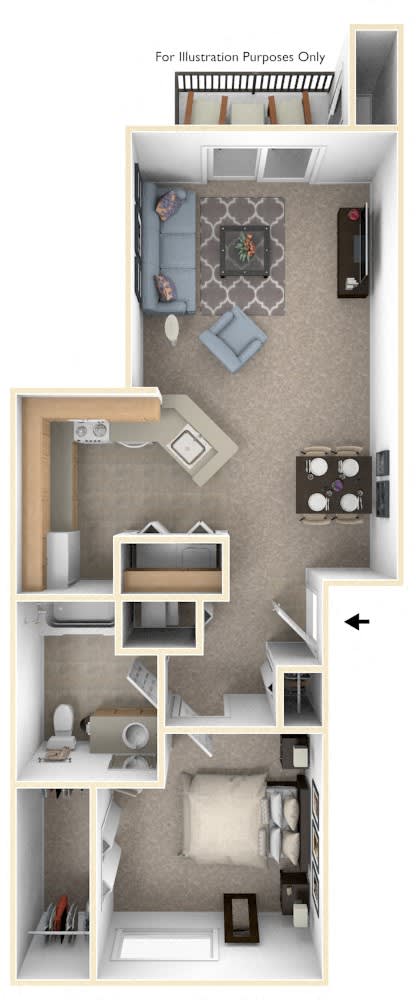 One Bedroom Floor Plan at Canal 2 Apartments, Lansing, Michigan