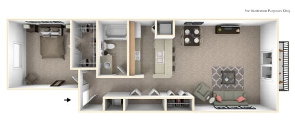 1-Bed/1-Bath, Peony Floor Plan at Hillside Apartments, Wixom, MI, 48393