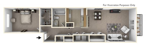 1-Bed/1-Bath, Peony Floor Plan at Portsmouth Apartments, Michigan