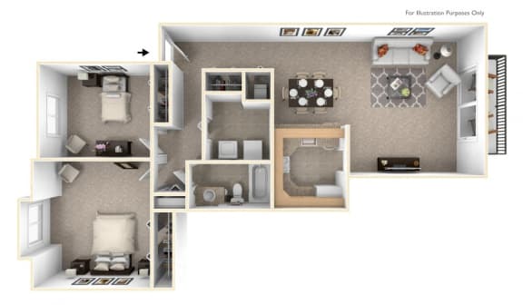 2-Bed/1-Bath, Petunia Floor Plan at Westlake Apartments, Michigan, 48111