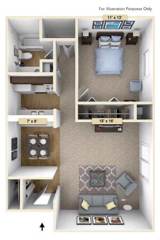 Redwood One Bedroom Floor Plan at Perry Place, Grand Blanc, MI, 48439