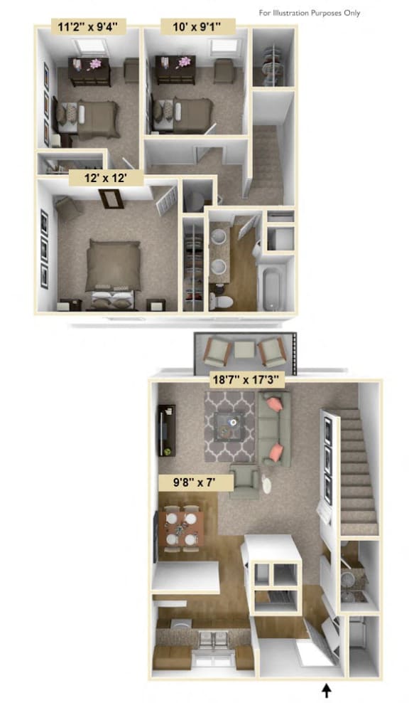 Three Bedroom Rose Floor Plan at Shannon Manor Townhouses, Davison, MI, 48423