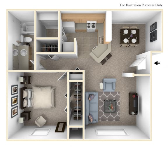 Seville One Bedroom Floor Plan at Irish Hills Apartments, Indiana, 46614