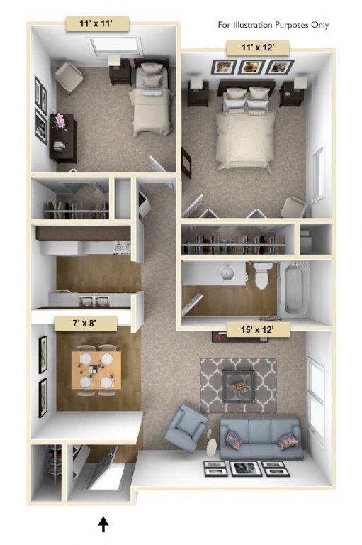 Sycamore Two Bedroom Floor Plan at Perry Place, Grand Blanc, Michigan