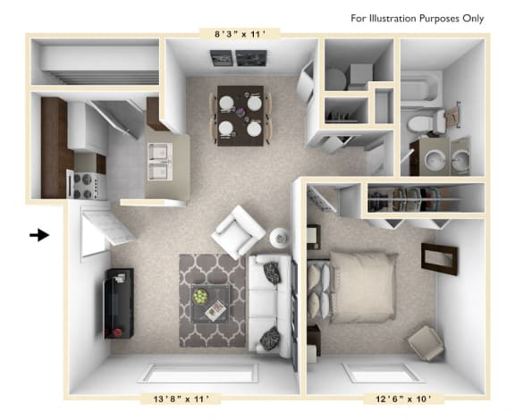 The Cape - 1 BR 1 BA Floor Plan at Bay Pointe Apartments, Indiana