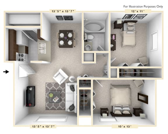 The Cove - 2 BR 1 BA Floor Plan at Bay Pointe Apartments, Indiana, 47909