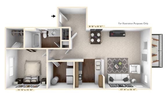 The Oxford - 1 BR 1 BA Floor Plan at Brickshire Apartments, Indiana, 46410