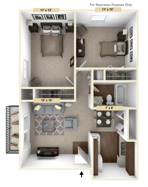 Timberland - 2 Bedroom with 1 Bath Floor Plan at Woodland Place, Midland, 48640