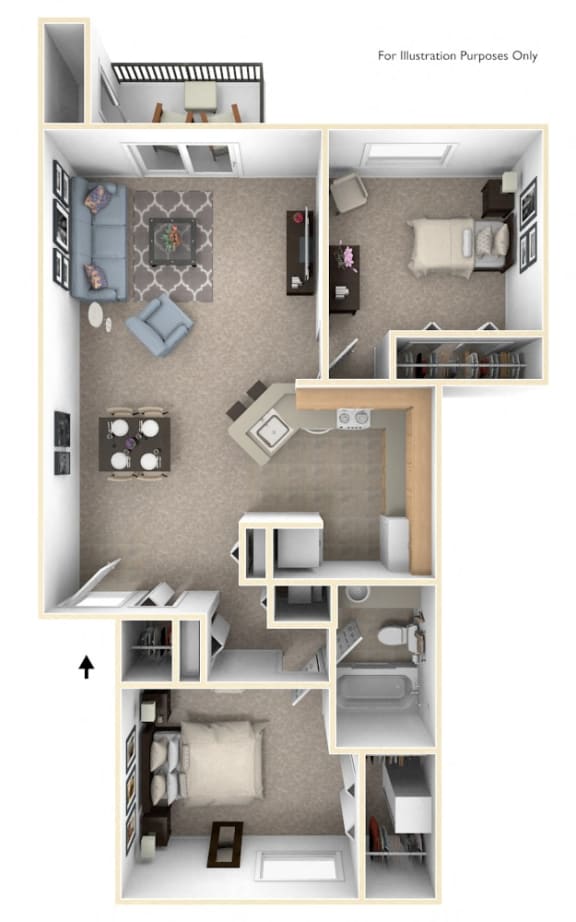 Two Bedroom, One Bath Floor Plan at The Crossings Apartments, Grand Rapids, MI