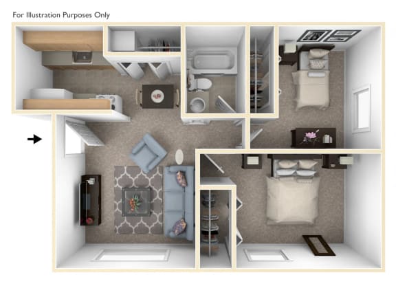Two Bedroom One Bath Floor Plan at Concord Place Apartments, Kalamazoo, Michigan