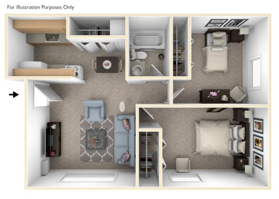 Two Bedroom One Bath Floor Plan at Wingate Apartments, Kentwood, MI, 49512