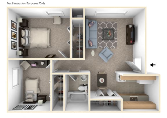 Two Bedroom One Bath Floorplan at Hickory Village Apartments, Indiana, 46545