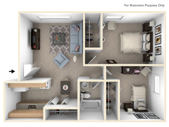 2 Bed 1 Bath Two Bedroom Floor Plan at Briarwood Apartments, Benton Harbor, MI