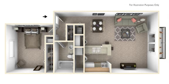 1-Bed/1-Bath, Wandflower Floor Plan at Hillside Apartments, Michigan
