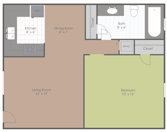 1 Bedroom 1 Bath floor plan image 529 sq ft