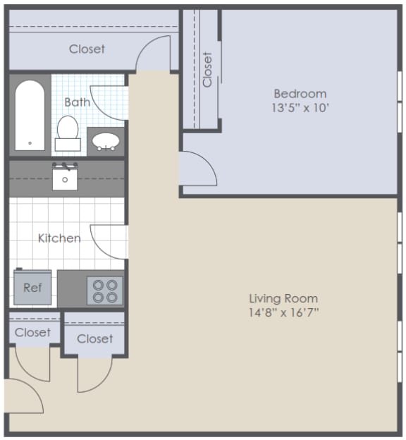 One bedroom, one bathroom two dimensional floor plan.