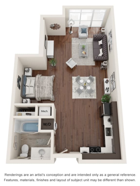 Studio three-dimensional floor plan layout. Bathroom to the left of the entry door and kitchen is to the right. Living area is behind.