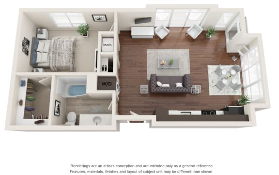 One bedroom, one bathroom three-dimensional floor plan layout. Bedroom and bathroom to the right of the layout with the living and kitchen to the right.