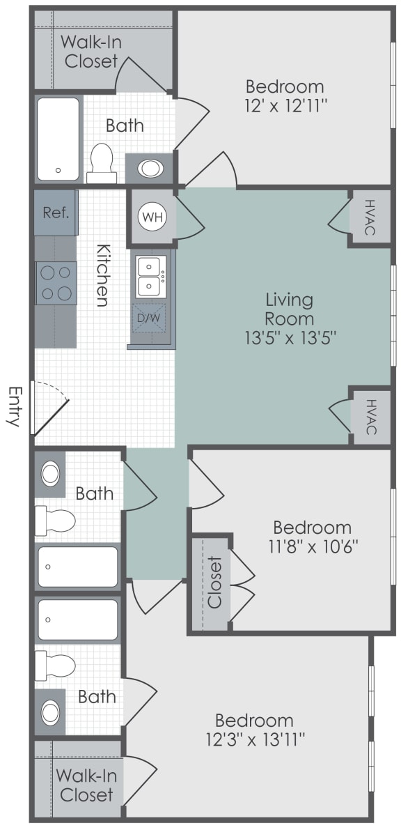 floor plan for 3 bedroom 3 bath 1000