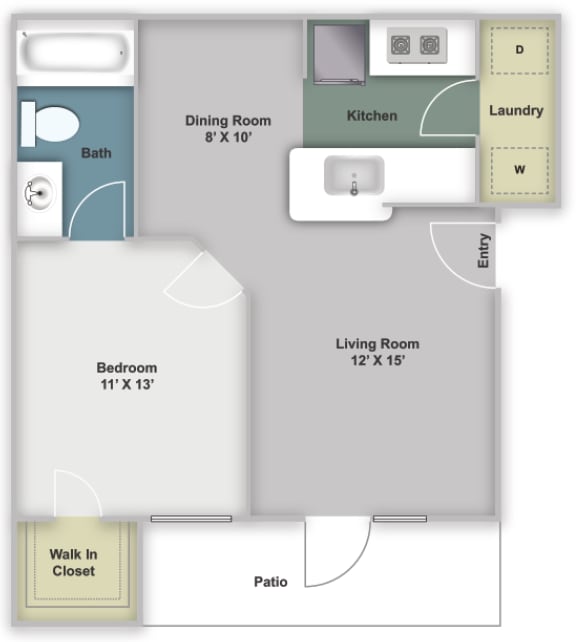 One bedroom, one bathroom 620 square feet two dimensional floor plan.