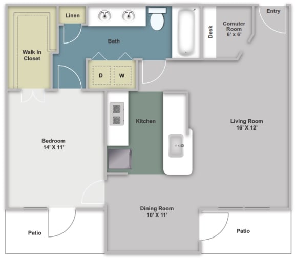 One bedroom, one bathroom two dimensional floor plan with two patios.