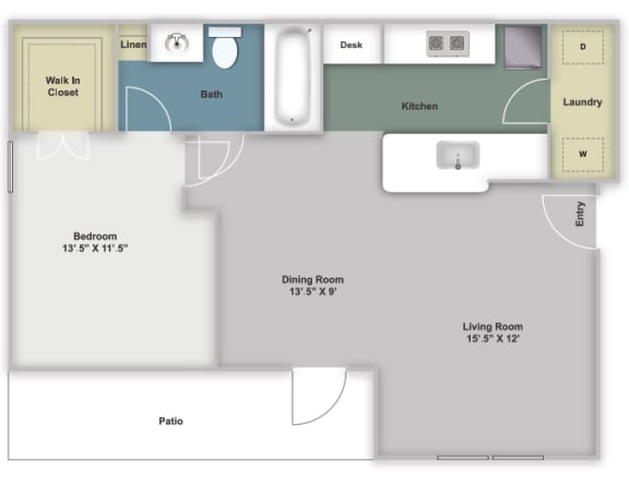 One bedroom, one bathroom two dimensional floor plan with one patio and washer/dryer connections.