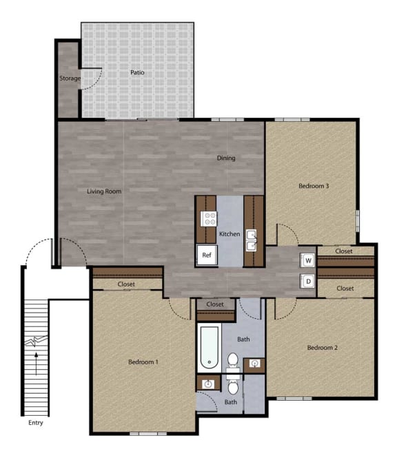 Three Bedroom Floorplan at St. Charles Oaks Apartments, Thousand Oaks, CA