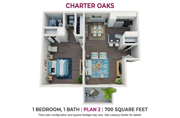 1 bedroom 1 bathroom floor plan at Charter Oaks Apartments, Thousand Oaks, CA