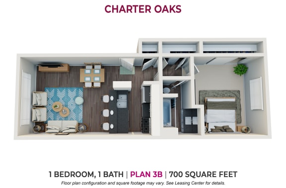 1 bedroom 1 bathroom floor plan B 1 bedroom 1 bathroom floor plan B at Charter Oaks Apartments, Thousand Oaks, California