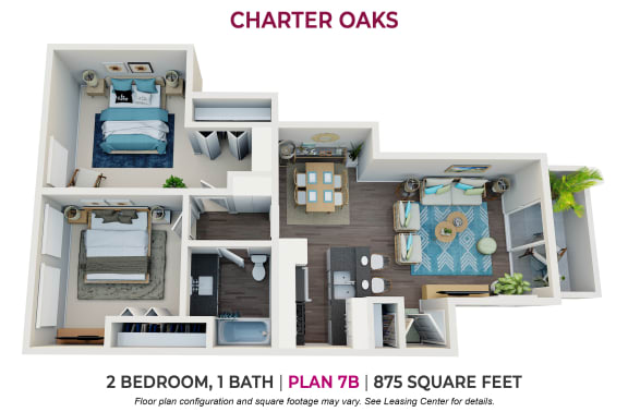 Floor Plan  2 bedroom 1 bathroom floor plan at Charter Oaks Apartments, Thousand Oaks