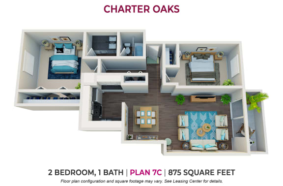 2 bedroom 1 bathroom floor plan a at Charter Oaks Apartments, California