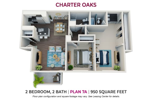 2 bedroom 2 bathroom floor plan at Charter Oaks Apartments, California, 91360
