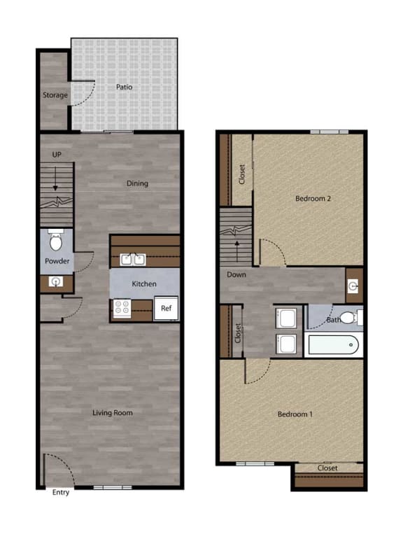 Floor Plan  Two Bedroom Townhome Plan D Floorplan at St. Charles Oaks Apartments, Thousand Oaks, 91360