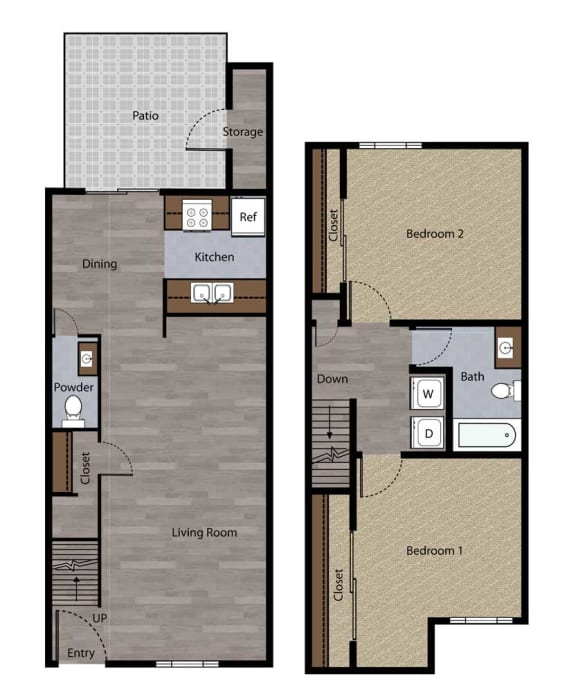Floor Plan  Two Bedroom Townhome Plan E Floorplan at St. Charles Oaks Apartments, Thousand Oaks, California