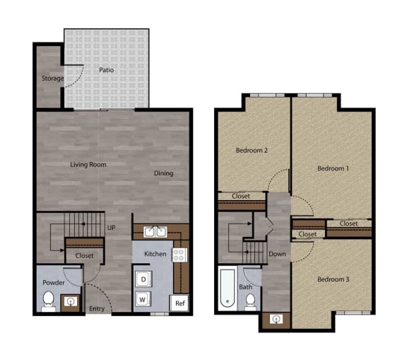 Three Bedroom Townhome Plan F Floorplan Three Bedroom Townhome Plan F Floorplan at St. Charles Oaks Apartments, Thousand Oaks