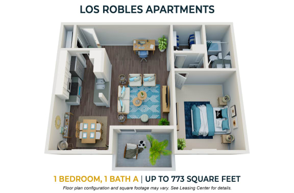 1 bedroom 1 bathroom floor plan at Los Robles Apartments, California