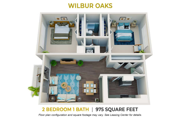 2 bedroom 1 bathroom floor plan at Wilbur Oaks Apartments, Thousand Oaks, California