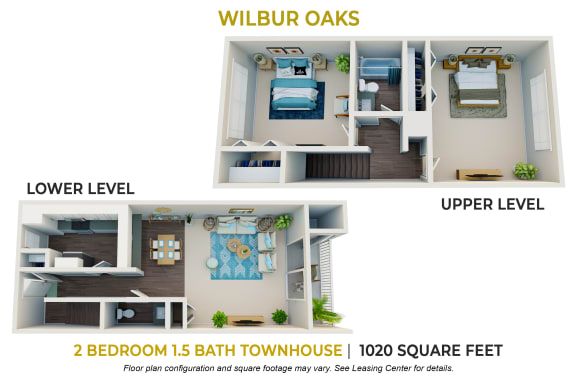 2 bedroom 1.5 bathroom floor plan at Wilbur Oaks Apartments, Thousand Oaks, 91360