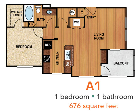 Floor Plan  A1 floor plan 1 bedroom 1 bath 676 square feet