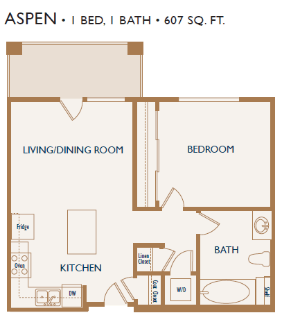 aspen one bedroom floorplan 607 square feet