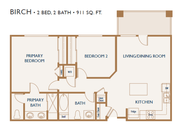 birch two bedroom floorplan 911 square feet