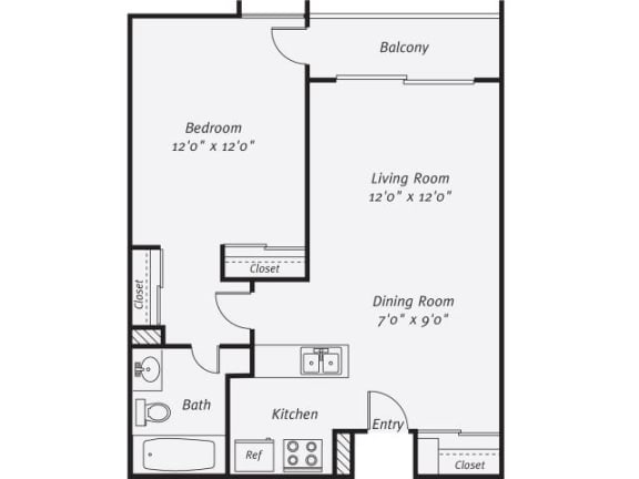 A1 floor plan 1 bedroom 1 bath 750 square feet