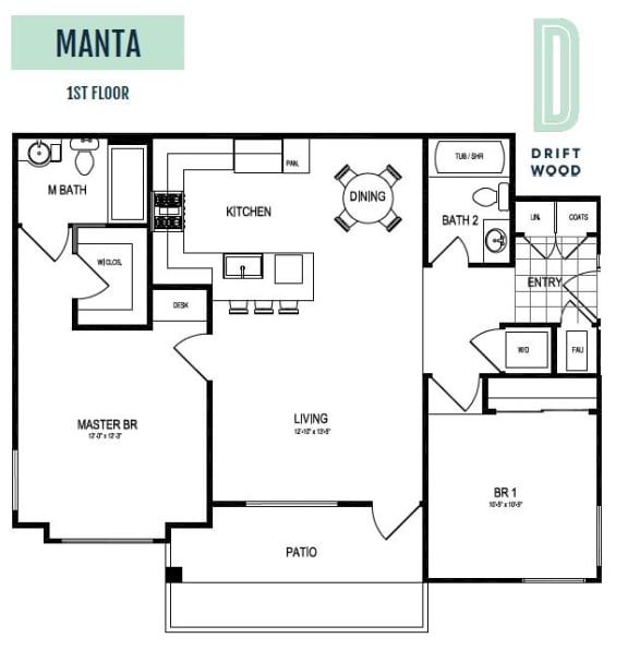 Floor Plan  Manta 1st Floor - 2 Bedroom 2 Bath Floor Plan Layout - 1025 Square Feet