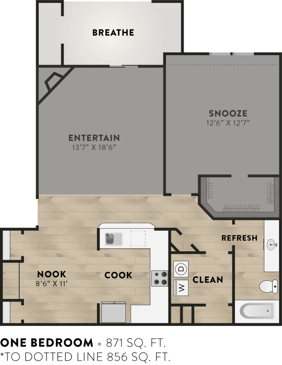 1x1 - 1 Bedroom 1 Bath Floor Plan Layout - 871 Square Feet
